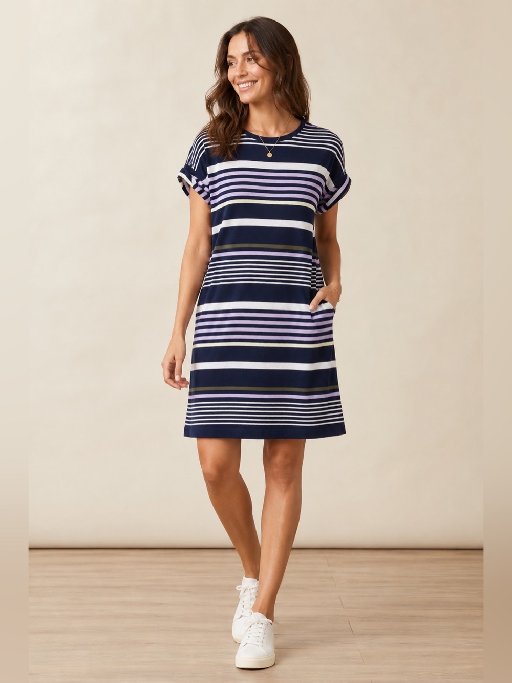Lou & Grey Striped Effortless T-shirt Dress Crewneck Women M Navy Blue
